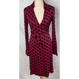 Y2K Diane Von Furstenburg Vintage 1990s Pink  Black Silk Wrap Dress Size 2